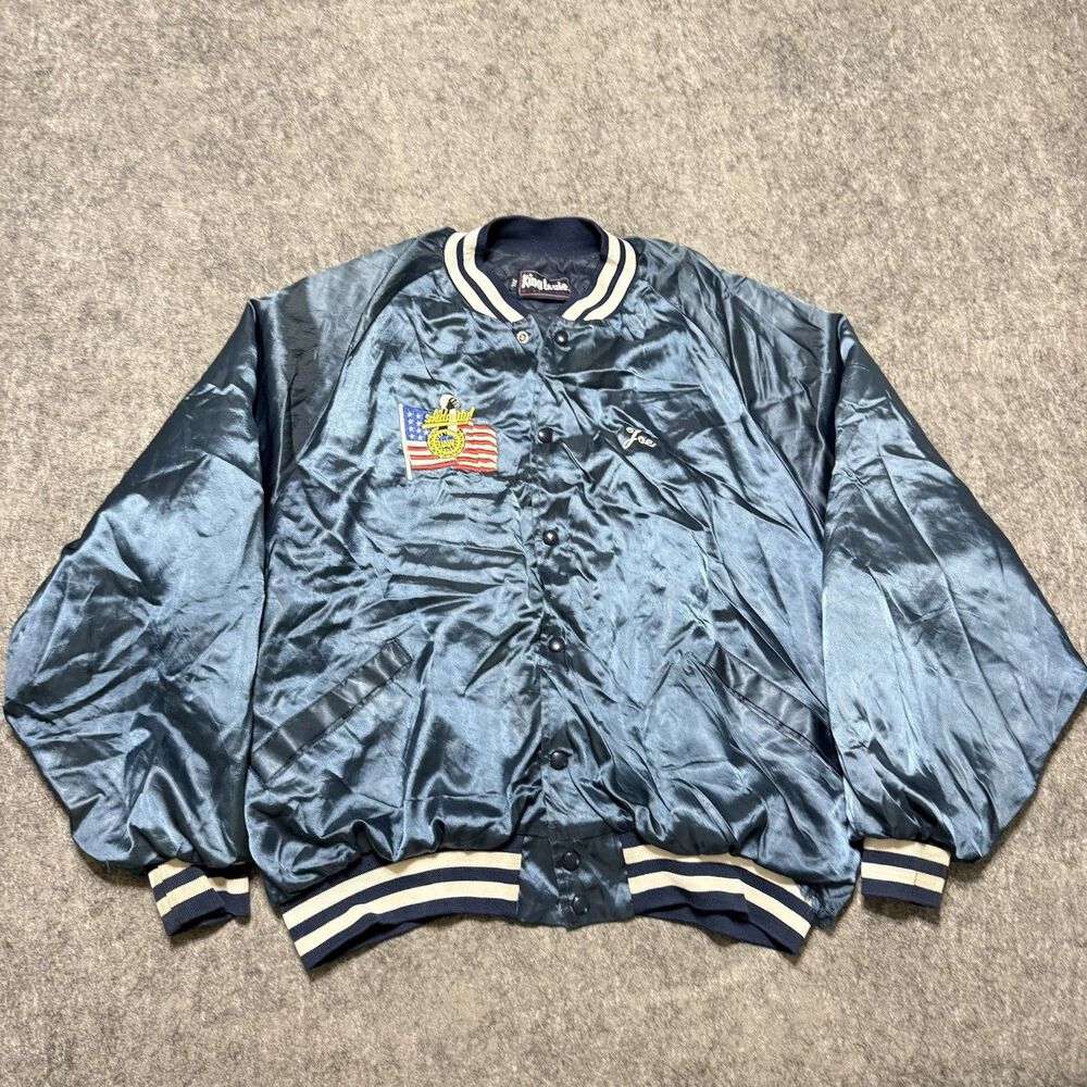 Vtg King Louie UAW Local 653 Satin Jacket 3XL Blue Bomber Pontiac Michigan GM